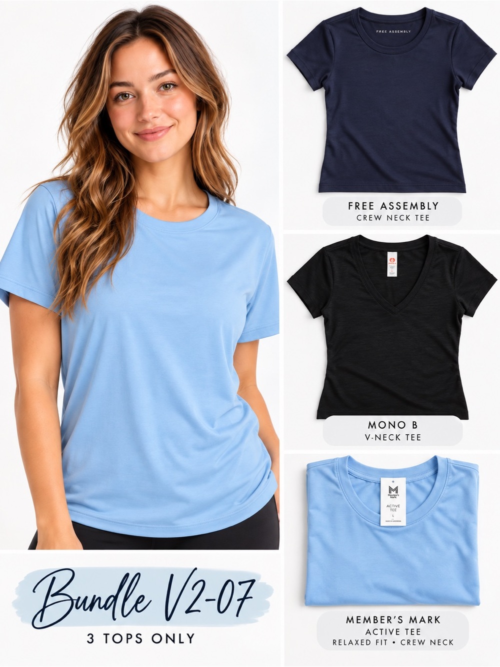 Member’s Mark Active Tee + Free Assembly Tee + MONO B V-Neck Top Size L